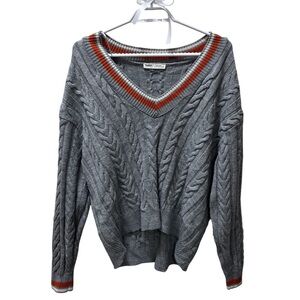 Pull&Bear Cable Knit Sweater (Sz:S) Grey Chunky V-Neck Preppy Fall Cozy knitwear